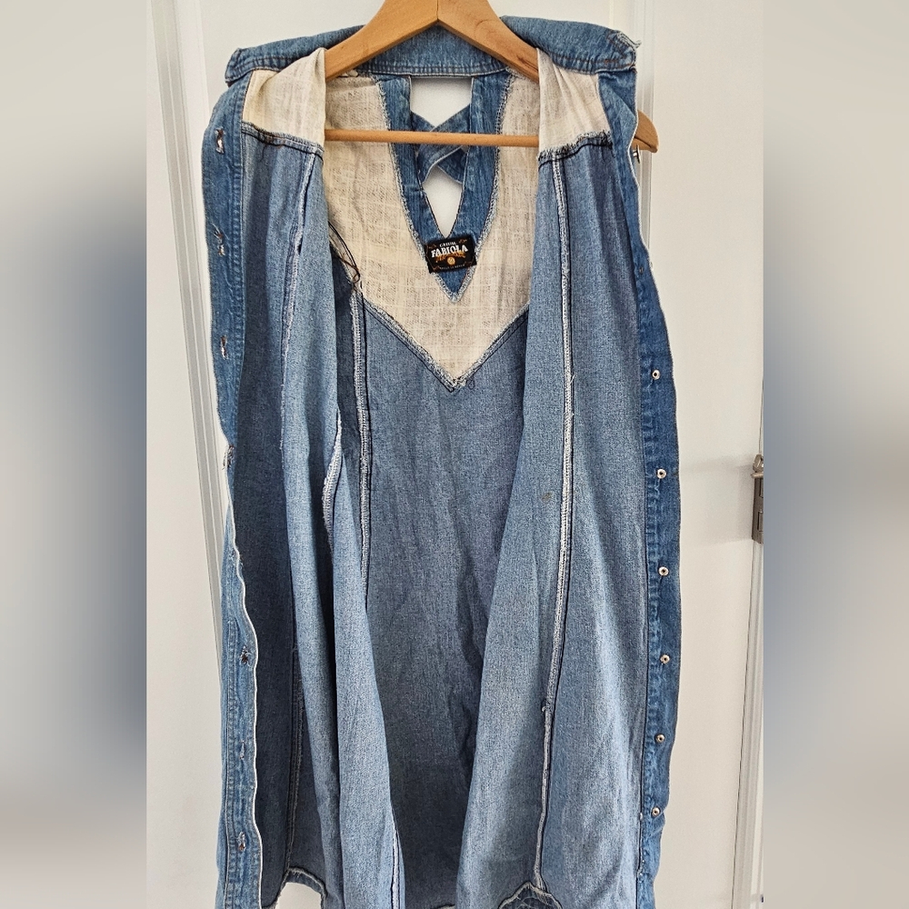 Boho Retro Western Cow Girl Denim Shirt Dress Button Front Plaid Accent Size S - Picture 8 of 13